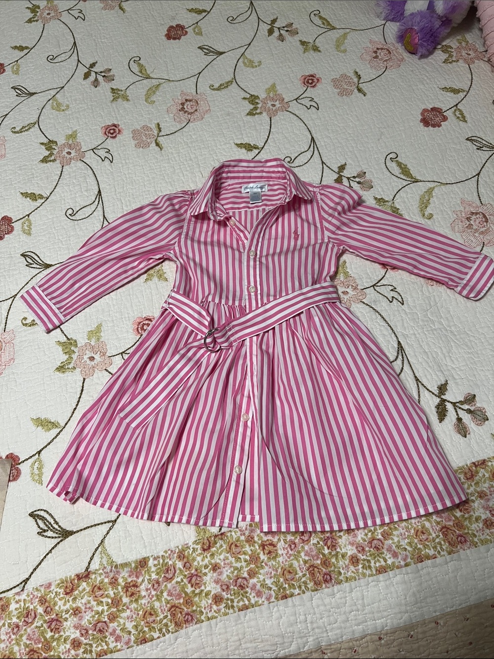 Ralph Lauren Pink and White Striped Shirt Dress with Belt